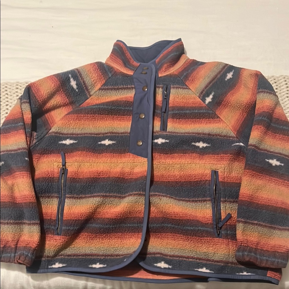 Striped Fleece Jacket with Button Details